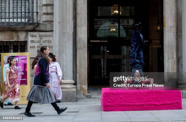 Dancers parade outside the Real Conservatorio Profesional de Danza Mariemma, through the streets of downtown Madrid, on February 9 in Madrid, Spain....