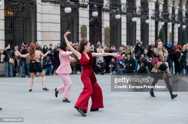 Dancers parade outside the Real Conservatorio Profesional de Danza Mariemma, through the streets of downtown Madrid, on February 9 in Madrid, Spain....