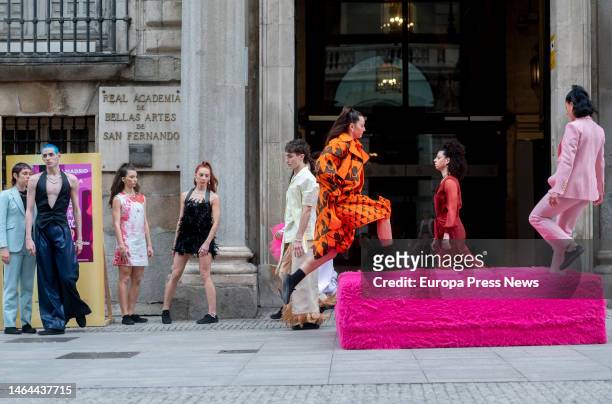 Dancers parade outside the Real Conservatorio Profesional de Danza Mariemma, through the streets of downtown Madrid, on February 9 in Madrid, Spain....