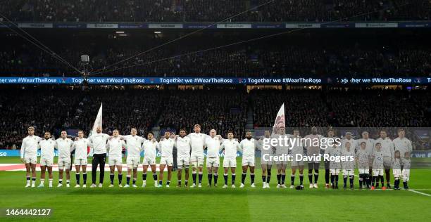 The England team line up for the anthem during the Six Nations Rugby match between England and Scotland at Twickenham Stadium on February 04, 2023 in...