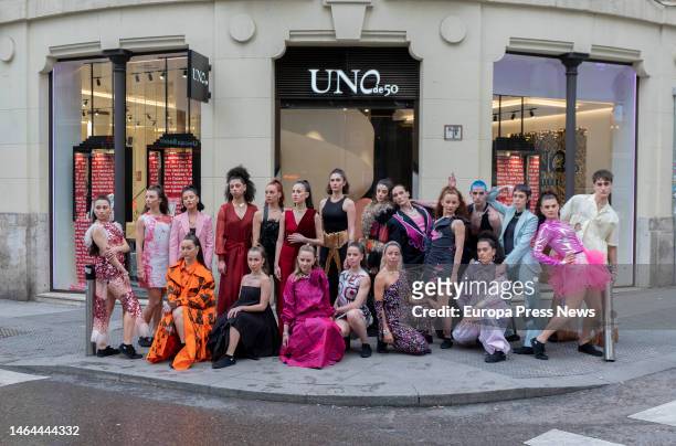 Dancers pose after parading outside the Real Conservatorio Profesional de Danza Mariemma, through the streets of downtown Madrid, on February 9 in...