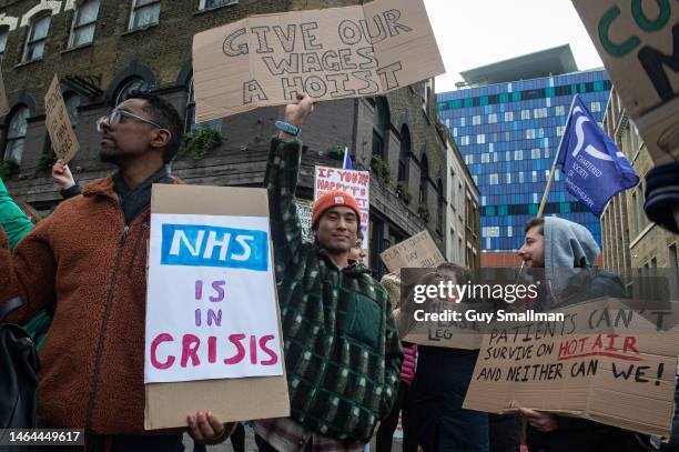 Striking members of the Chartered Society of physiotherapists attend their picket line at Royal London Hospital on February 9, 2023 in London,...
