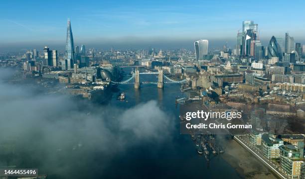 Morning mist in the City Of London with the The Shard to The Gherkin and Tower Bridge in view on February 08, 2022 in London England.