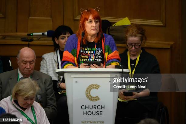 Member of the General Synod Vicky Brett speaks during a discussion on an amendment at The Church House on February 09, 2023 in London, England. The...