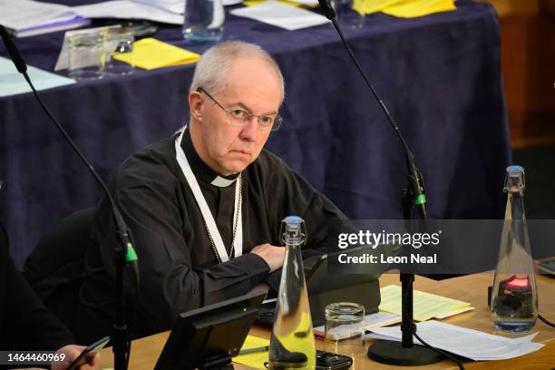 Archbishop of Canterbury Justin Welby listens during a discussion on an amendment at The Church House on February 09, 2023 in London, England. The...