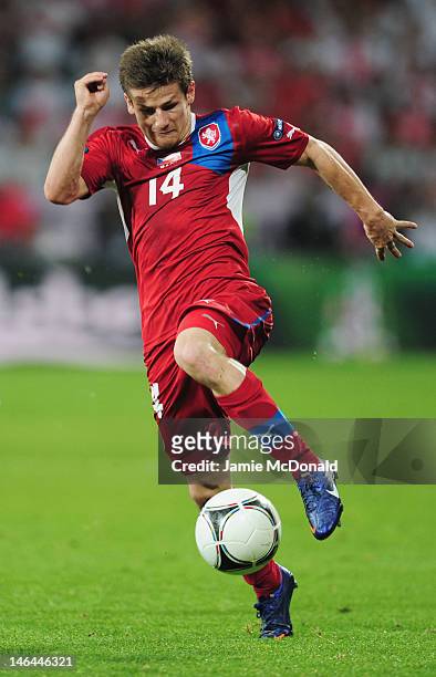 Vaclav Pilar of Czech Republic on the ball during the UEFA EURO 2012 group A match between Czech Republic and Poland at The Municipal Stadium on June...