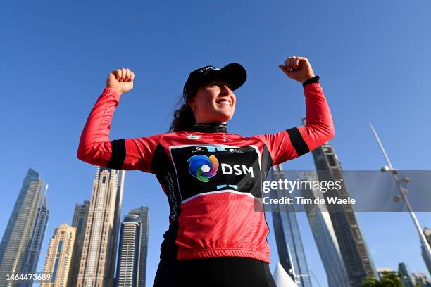 Charlotte Kool of The Netherlands and Team DSM celebrates as Red Leader Jersey with Dubai city landscape in the background during the 1st UAE Tour...