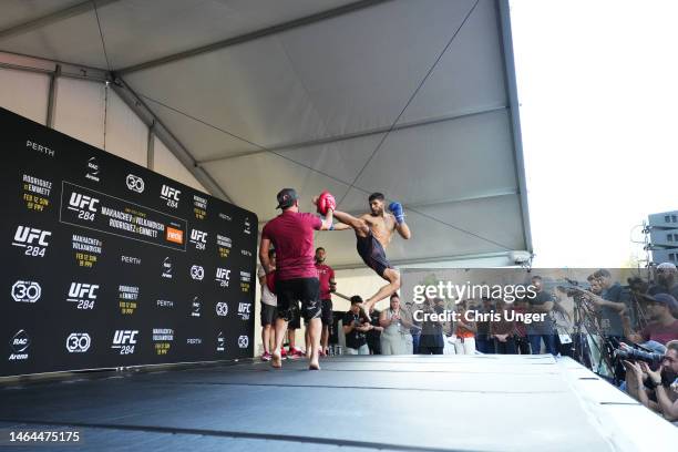 Yair Rodriguez holds an open training session for fans and media during the UFC 284 Open Workouts at Elizabeth Quay - The Landing on February 9, 2023...