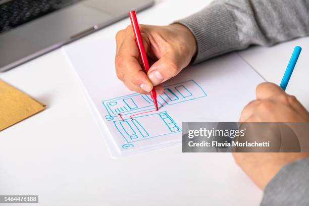 drawing wire frame on desk - designer wireframe stock-fotos und bilder