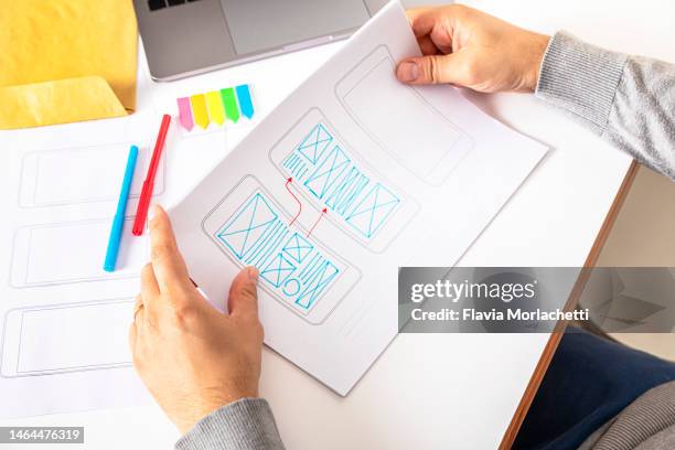 drawing wire frame on desk - designer wireframe stockfoto's en -beelden