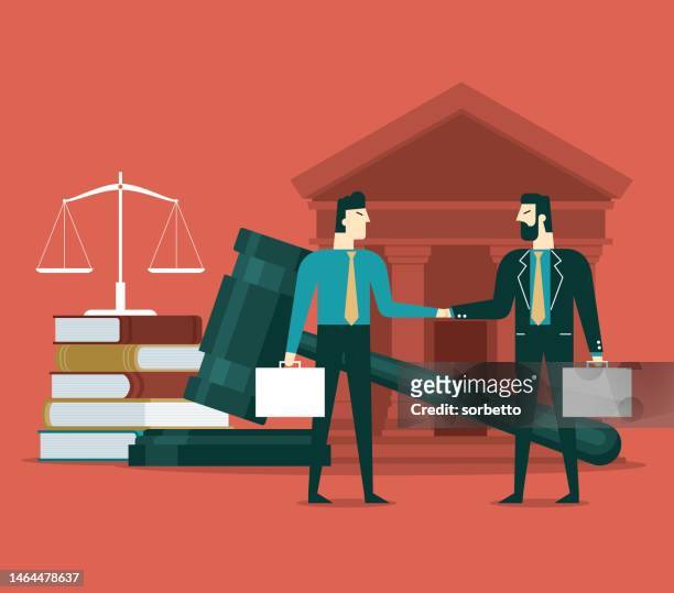 businessman shaking hands to seal a deal - court decides on objections stock illustrations