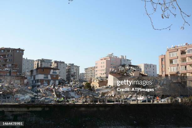 Buildings destroyed in the earthquake on February 08, 2023 in Hatay, Turkey. A 7.8-magnitude earthquake hit near Gaziantep, Turkey, in the early...
