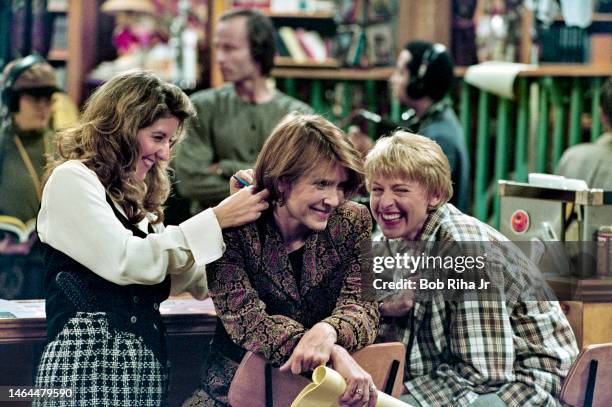 Carrie Fisher , Ellen Degeneres , and Joely Fisher during a break after performing a scene during an episode of 'Ellen' at Disney Studios, November...