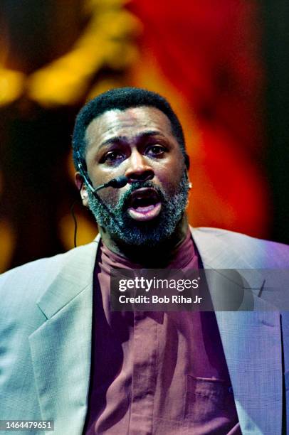 Singer Teddy Pendergrass performs during stage play Your Arm's too Short to Box with God, March 9, 1996 in Los Angeles, California.