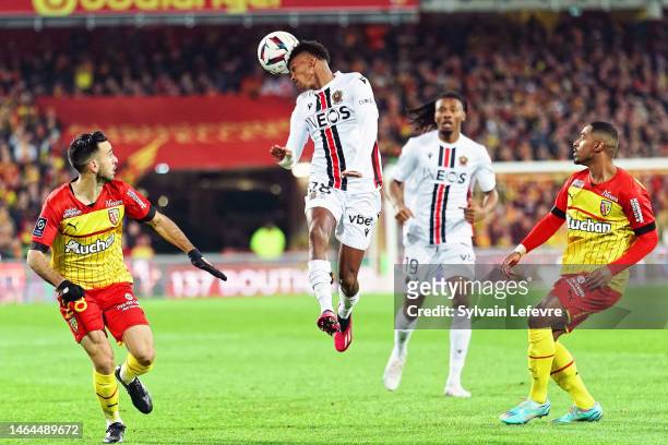 Hicham Boudaoui of OGC Nice in action during the Ligue 1 Uber Eats match between RC Lens and OGC Nice at Stade Bollaert-Delelis on February 1, 2023...