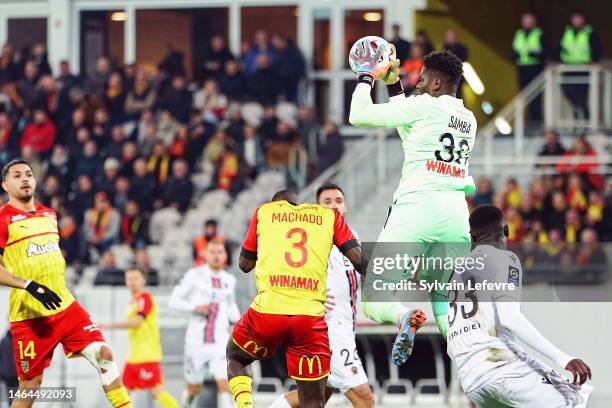 Brice Samba, goalkeeper of RC Lens, in action during the Ligue 1 Uber Eats match between RC Lens and OGC Nice at Stade Bollaert-Delelis on February...