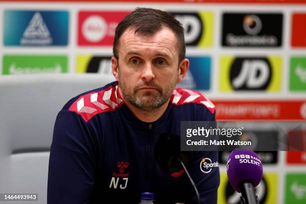 Southampton manager Nathan Jones speaks during a Southampton FC press conference at the Staplewood Campus on February 09, 2023 in Southampton,...