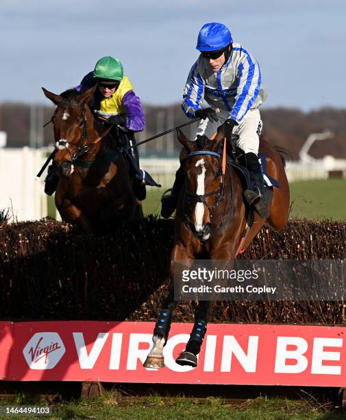 My Bad Lucy ridden by James Davies jumps the last on their way to winning the Virgin Bet Daily Extra Places Handicap Chase at Doncaster Racecourse on...