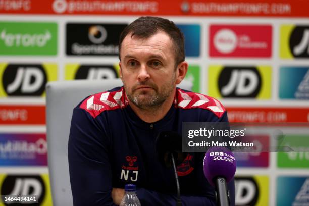 Southampton manager Nathan Jones speaks during a Southampton FC press conference at the Staplewood Campus on February 09, 2023 in Southampton,...