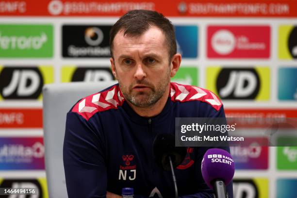 Southampton manager Nathan Jones speaks during a Southampton FC press conference at the Staplewood Campus on February 09, 2023 in Southampton,...