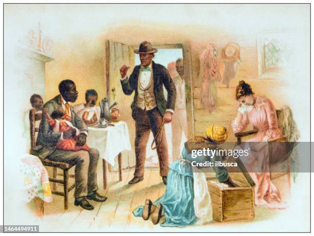 antique illustration from uncle tom's cabin novel: uncle tom's master carries him off - master slave stock illustrations