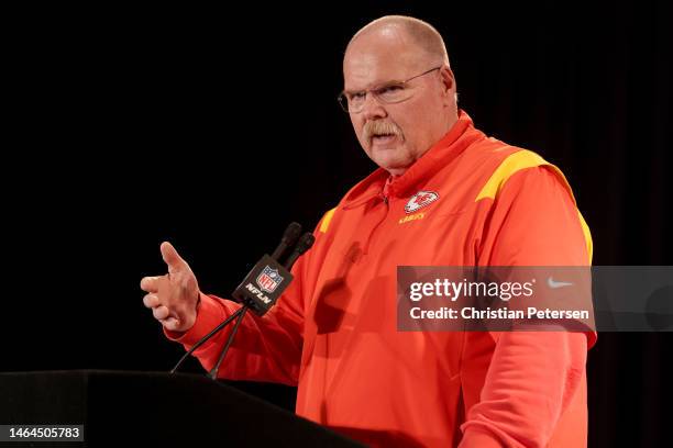 Head coach Andy Reid of the Kansas City Chiefs speaks to the media during the Kansas City Chiefs media availability prior to Super Bowl LVII at the...