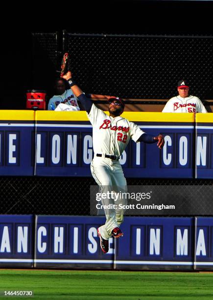 Jason Heyward of the Atlanta Braves makes a catch against the Baltimore Orioles at Turner Field on June 16, 2012 in Atlanta, Georgia.