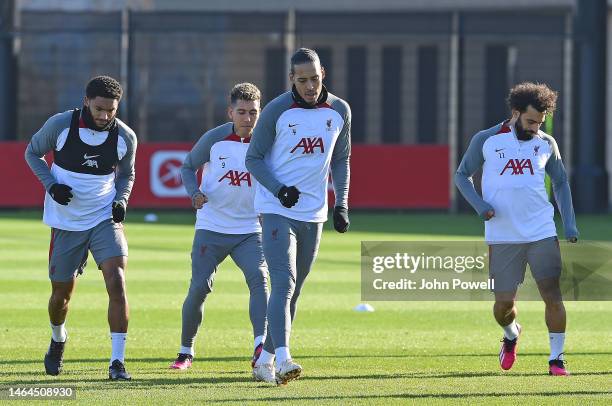 Virgil van Dijk of Liverpool during a training session at AXA Training Centre on February 09, 2023 in Kirkby, England.