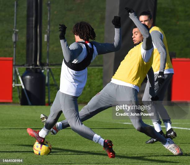 Cody Gakpo, Darwin Nunez and Mohamed Salah of Liverpool during a training session at AXA Training Centre on February 09, 2023 in Kirkby, England.