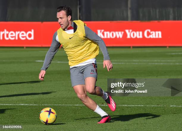 Arthur Melo of Liverpool during a training session at AXA Training Centre on February 09, 2023 in Kirkby, England.