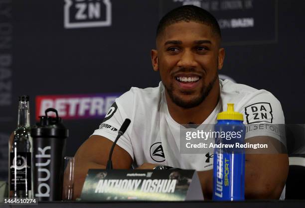 Anthony Joshua of England talks to the media during the Anthony Joshua v Jermaine Franklin Press Conference at the Hilton London Syon Park on...