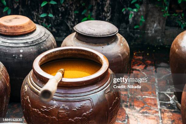 soy sauce production in huge clay pods in northern vietnam - shoyu stockfoto's en -beelden