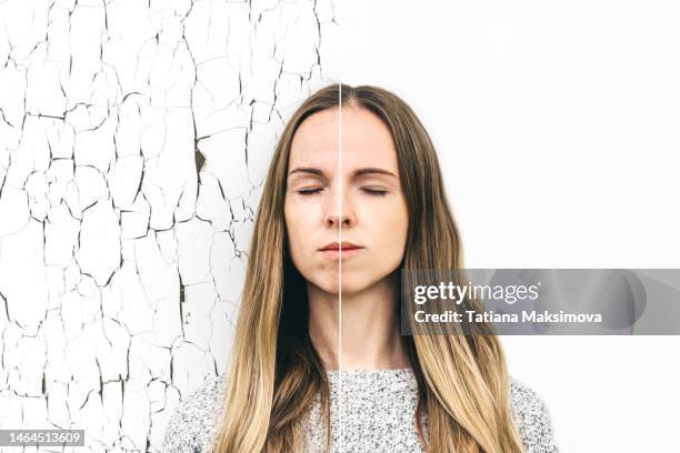 young real woman with natural skin on texture white background. the concept of before and after cosmetic procedures. - brutal honesty stock pictures, royalty-free photos & images