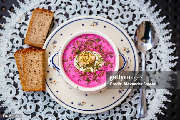 traditional polish cold beetroot soup chlodink, high angle view - dill stock pictures, royalty-free photos & images