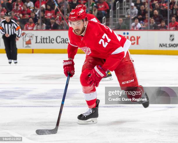 Michael Rasmussen of the Detroit Red Wings skates up ice against the Edmonton Oilers during the first period of an NHL game at Little Caesars Arena...