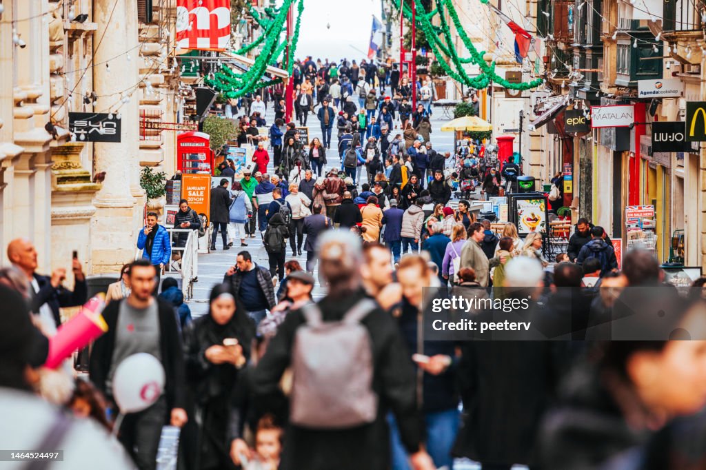 Crowded shopping street in Valletta, Malta