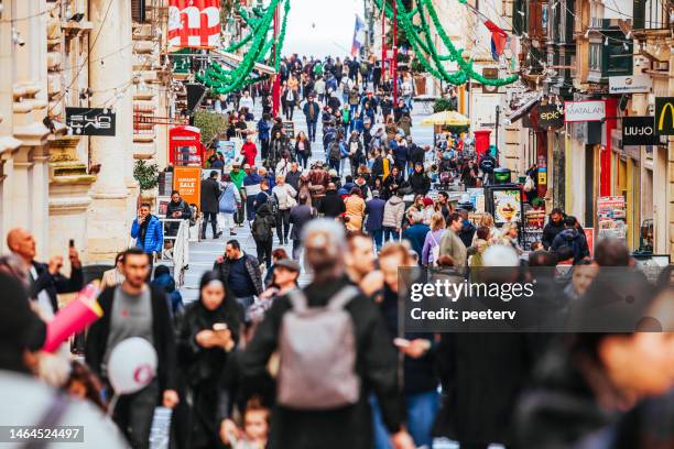 crowded shopping street in valletta, malta - pedestrian zone bildbanksfoton och bilder