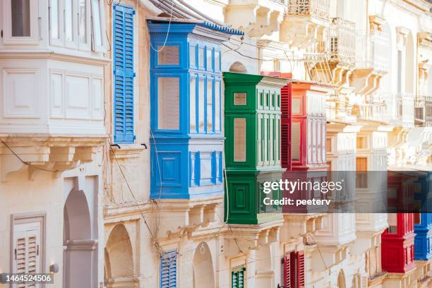 traditional colorful balconies in malta - maltese stock pictures, royalty-free photos & images