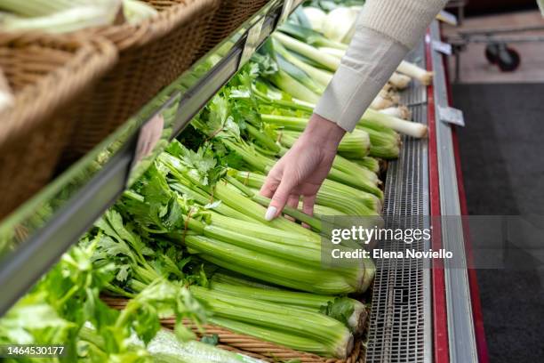 woman picks fresh green celery at the vegetable store - celery stock pictures, royalty-free photos & images