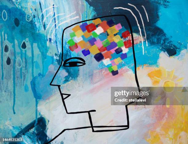 abstract portrait illustration with human brain. human mind dealing with emotions. - tears happiness stock illustrations