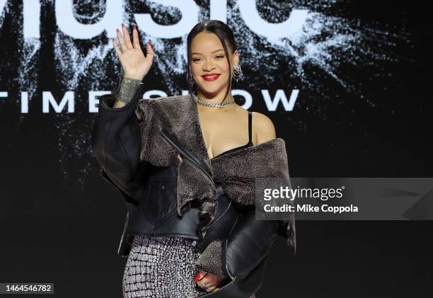 Rihanna speaks onstage during the Super Bowl LVII Pregame & Apple Music Super Bowl LVII Halftime Show Press Conference at Phoenix Convention Center...