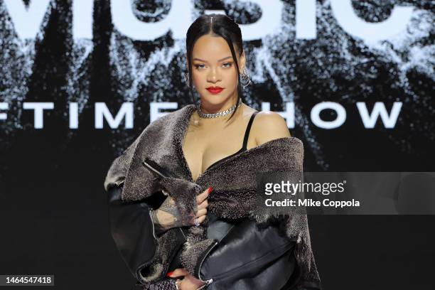 Rihanna speaks onstage during the Super Bowl LVII Pregame & Apple Music Super Bowl LVII Halftime Show Press Conference at Phoenix Convention Center...