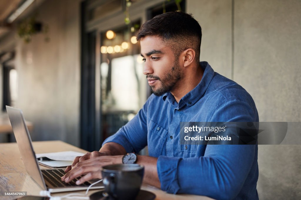 Worker, thinking or typing on laptop in cafe, coffee shop or restaurant on startup ideas, vision or web design ux. Creative designer, businessman or technology in remote work iot or strategy planning