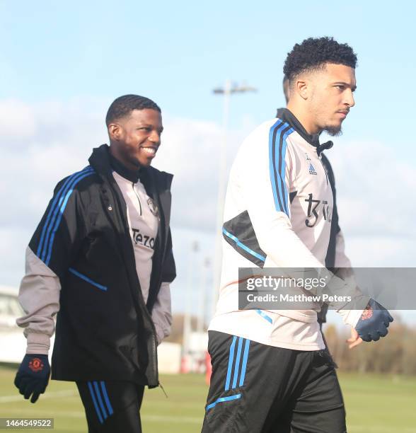 Jadon Sancho of Manchester United in action during a first team training session at Carrington Training Ground on February 09, 2023 in Manchester,...