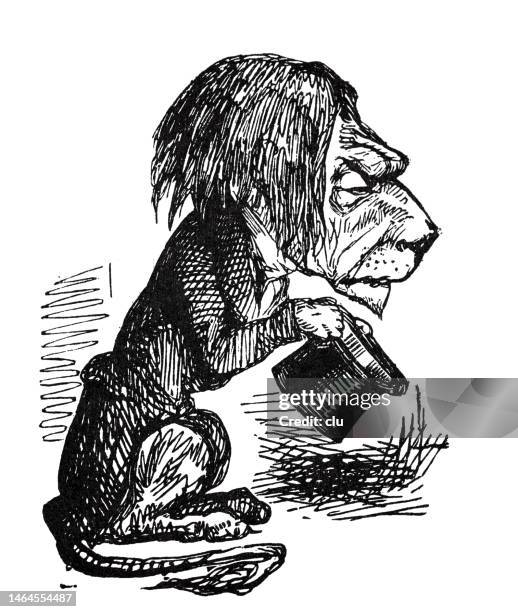 grumpy lion holding a stovepipe has in hand, sie view, cut out on white background - grumpy old man stock illustrations