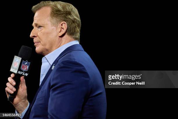 Commissioner Roger Goodell speaks during a press conference ahead of Super Bowl LVII at the Phoenix Convention Center on February 8, 2023 in Phoenix,...