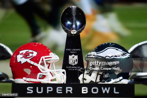 The Vince Lombardi Trophy displayed during a press conference ahead of Super Bowl LVII at the Phoenix Convention Center on February 8, 2023 in...