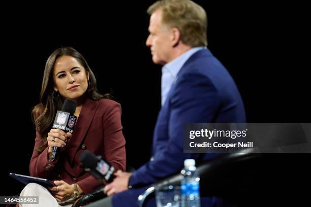 Kaylee Hartung speaks during a press conference ahead of Super Bowl LVII at the Phoenix Convention Center on February 8, 2023 in Phoenix, Arizona.