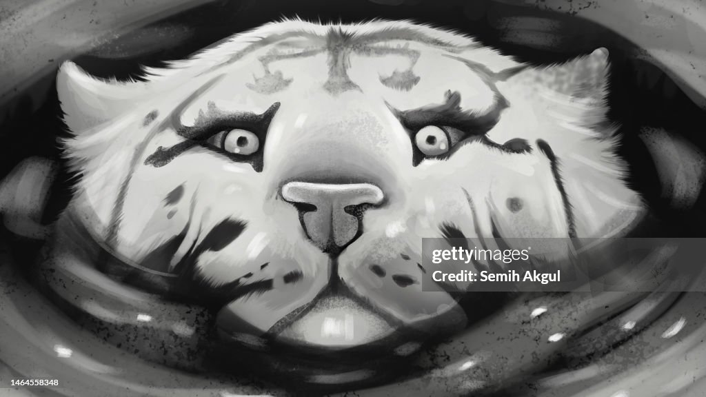White Tiger Looking From Water Illustration