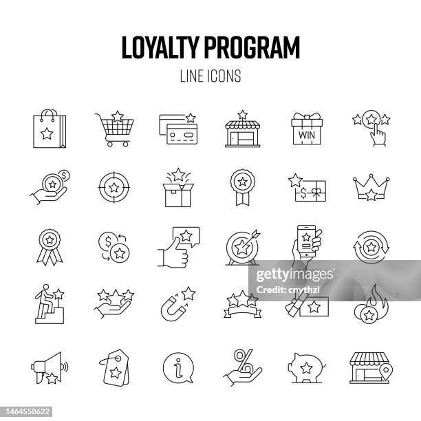 illustrations, cliparts, dessins animés et icônes de jeu d’icônes de ligne du programme de fidélité. client, magasin, bonus, prix - loyauté